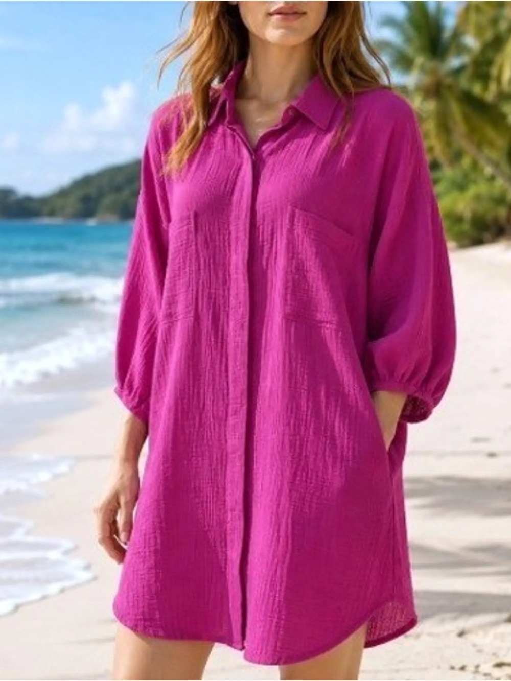 Young Fabulous & Broke Fuchsia Gauze Cotton Shirtdress Dress + A GIFT 🎁